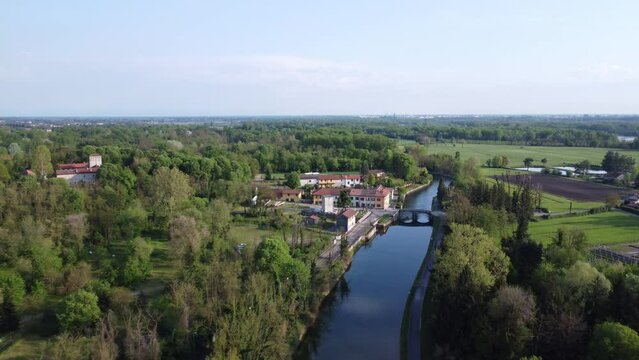 Aerial view Of the Naviglio Grande, Castelletto Di Cuggiono, near Milan, Italy