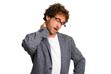 Young curly smart caucasian man cut out isolated suffering neck pain due to sedentary lifestyle.