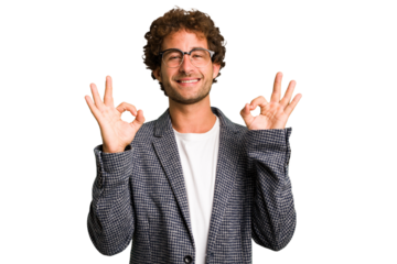 Young curly smart caucasian man cut out isolated cheerful and confident showing ok gesture.