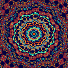 Kaleidoscope Mandala Tribal Aztec Indian Ethnic Mexican Pattern In Blue, Yellow, Orange, Red Color