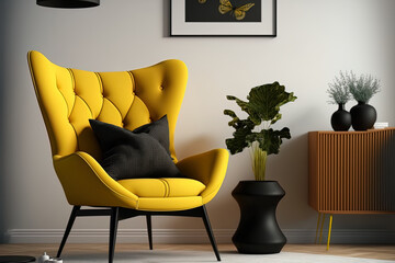 Stylish living room with a light and chair in yellow. furnishings with a Scandinavian aesthetic. Generative AI