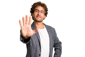 Young curly smart caucasian man cut out isolated smiling cheerful showing number five with fingers.