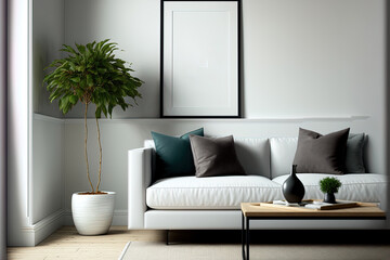 interior of a living room in the Hamptons with a frame mockup. Generative AI