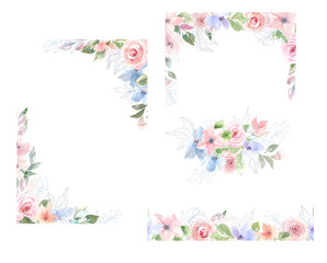 Fototapeta na wymiar Bohemian, delicate wreaths and frames of hand-drawn pink and blue flowers. Light, delicate roses. Bouquets of watercolor and line flowers. Wedding invitation, holiday cards
