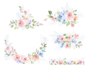 Bohemian, delicate wreaths and frames of hand-drawn pink and blue flowers. Light, delicate roses. Bouquets of watercolor and line flowers. Wedding invitation, holiday cards