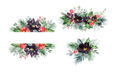 Watercolor, hand-drawn wreaths, bouquets and borders of burgundy and red flowers, pine branches and green foliage. Dark flowers for holiday cards, wedding invitations, scrapbooking, burgundy red