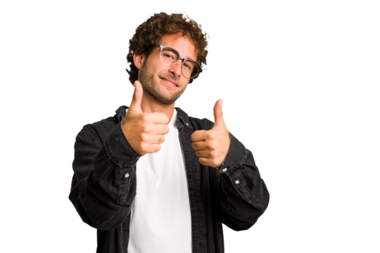 Young curly smart caucasian man cut out isolated raising both thumbs up, smiling and confident.