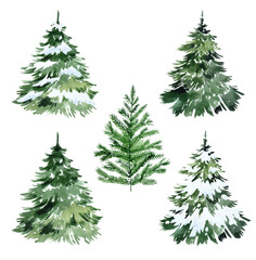 Hand drawn watercolor Christmas trees with toys, garlands and snowflakes. Holiday cards, forest trees, evergreens. Festive mood. For cards, posters, invitations, scrapbooking
