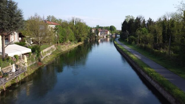 Aerial view Of the Naviglio Grande, Castelletto Di Cuggiono, near Milan, Italy