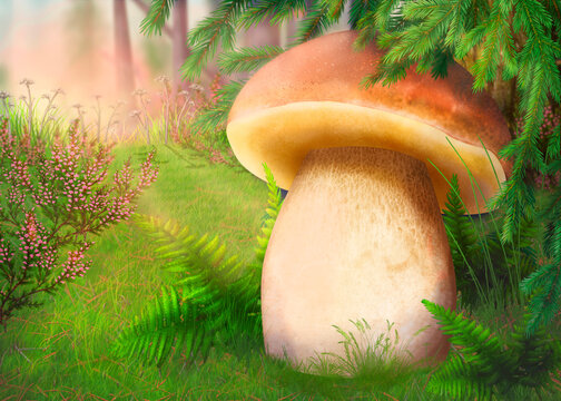 Drawing of a beautiful mushroom in the forest