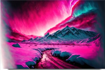 Fototapeta na wymiar a painting of a mountain with a stream running through it and a pink sky with a purple and green aurora.
