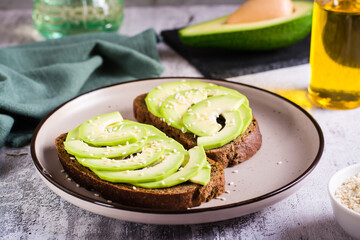 Sandwiches on rye bread with avocado and sesame seeds on a plate. Healthy food.