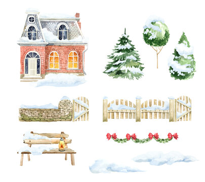 Hand drawn, watercolor cottage. A cozy brick house with a fence and Christmas trees under the snow. Festive winter landscape with a house for postcards, posters, stickers, scrapbooking