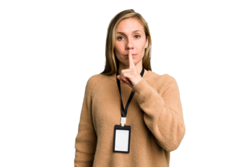 Young caucasian woman with ID card isolated keeping a secret or asking for silence.