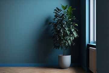 interior with cadet blue wall, oak floor, and indoor plant. Generative AI