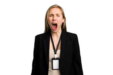 Young caucasian business woman with ID card isolated screaming very angry and aggressive.