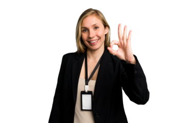 Young caucasian business woman with ID card isolated cheerful and confident showing ok gesture.