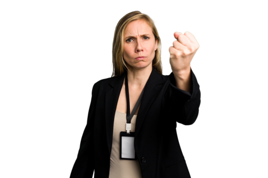 Young caucasian business woman with ID card isolated showing fist to camera, aggressive facial expression.
