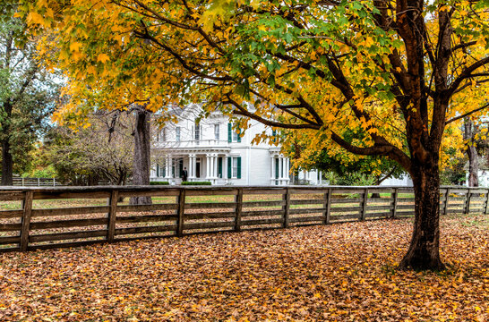 Hunter Dawson Home An antebellum mansion on an estate in New Madrid Missouri.  Surrounded by fallen leaves in the fall setting. 