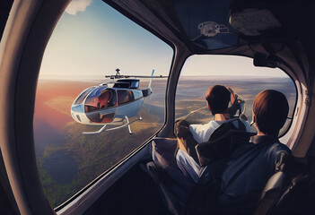 View from cockpit of helicopter.