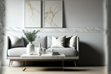 Gray minimalist decor with a marble sofa and coffee table. mock up for an illustration. Generative AI