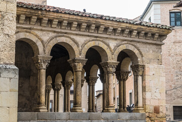 Segovia, España. April 28, 2022: Roman columns church of san martin segovia and architecture of the city.