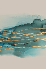 Art Abstract blue watercolor and gold acrylic brushstroke painting blot smear on beige vertical background.