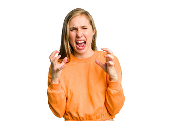 Young caucasian woman cutout isolated upset screaming with tense hands.