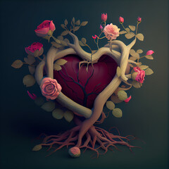 Generative AI: fantasy heart made of roses and tree roots