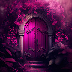 Generative AI:charming magenta fancy door to a castle with lots of flowers