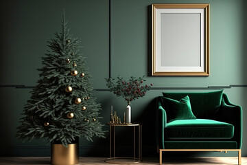 Modern living room with Christmas decorations and an empty green wall. Classic interior design mockup. Copy room for your poster or picture. Model for a piece of art. Christmas decor that feels cozy
