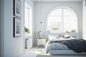 interior of a white bedroom. design from Scandinavia. Generative AI