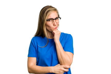 Young caucasian woman cutout isolated thinking and looking up, being reflective, contemplating, having a fantasy.