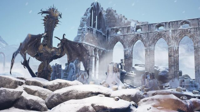 Gold Dragon Protects his Home in a Gothic Temple, Winter, Snow 3D Animations Rendering CGI 4K