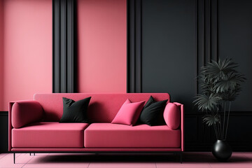 In 2023, lounge in shades of black and pink. Blank interior of a dark room. Design a living or reception area in a minimalist luxury design. red couch with a painted accent wall. contemporary interior