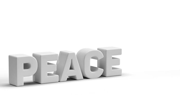 Peace text falls on 2023 and 2022 calendar number, side view. 3D animation video in 4k resolution, english language. White background illustration with copy space. New Year Peace concept.