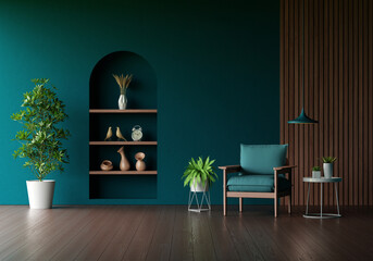 Armchair in green living room with copy space for mock up, 3D rendering