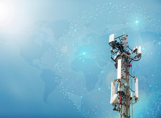 workers are working at 5G-6G antenna tower for maintaining.serves cellular antenna, technician worker repair telecommunication tower TV antennas wireless technology, Global connection.
