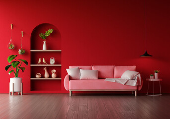 Sofa in red living room with copy space for mock up, 3D rendering