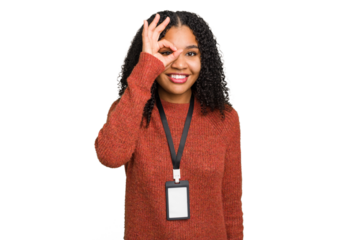 Young african american woman with ID card isolated excited keeping ok gesture on eye.