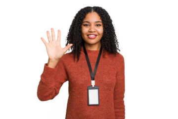 Young african american woman with ID card isolated smiling cheerful showing number five with fingers.