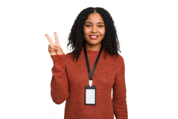 Young african american woman with ID card isolated showing number two with fingers.