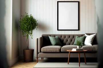 living room background with mock up poster frame in contemporary interior design,. Generative AI