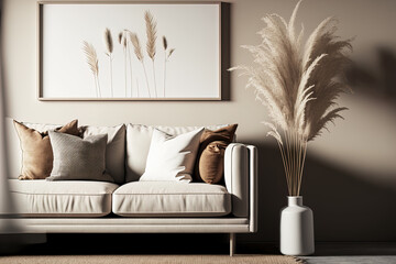 Mockup of a blank horizontal poster frame in a modern living room with a background in a Scandinavian style living room, a beige sofa, and pampas grass. Generative AI