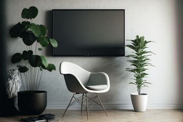 Create a mockup of a wall mounted TV in a living room with a white wall and a chair. Generative AI