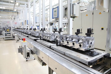 Assembly line in an engine factory
