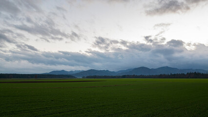 Beautiful green landscape with farmland and mountains in the distance