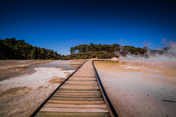 Rotorua weird and unique landscape, geothermal activity, volcanic landforms, hot pools and lakes North Island New Zealand