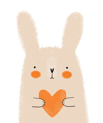 Sweet Hand Drawn Vector Illustration with Cute Little Rabbit Holding Big Heart. Funny Bunny on a White Background. Bunny in Love. Earster Card. Chinese New Year Symbol. Nuresery Art with Hare.