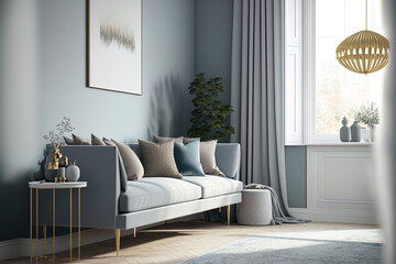 Living room design with a Scandinavian aesthetic, light gray sofa, gold lamp, white flooring, and blue wall. Generative AI